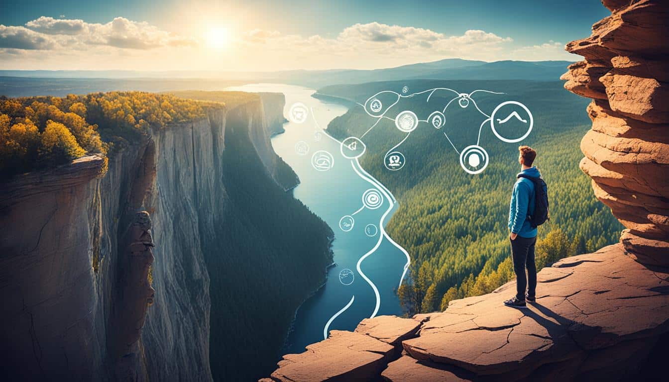 wise-mind-exercises a person standing at the edge of a cliff, looking out at a vast and serene landscape below.