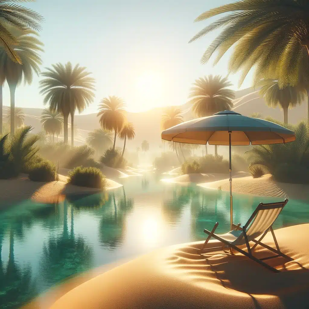 An image of a serene desert oasis scene, featuring a single deck chair and a parasol off to one side. An image of a serene desert oasis scene, featuring a single deck chair and a parasol off to one side.