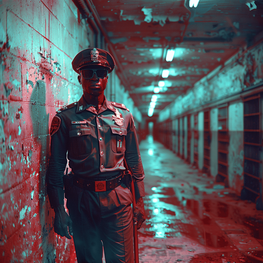 A prison guard in a grotty prison